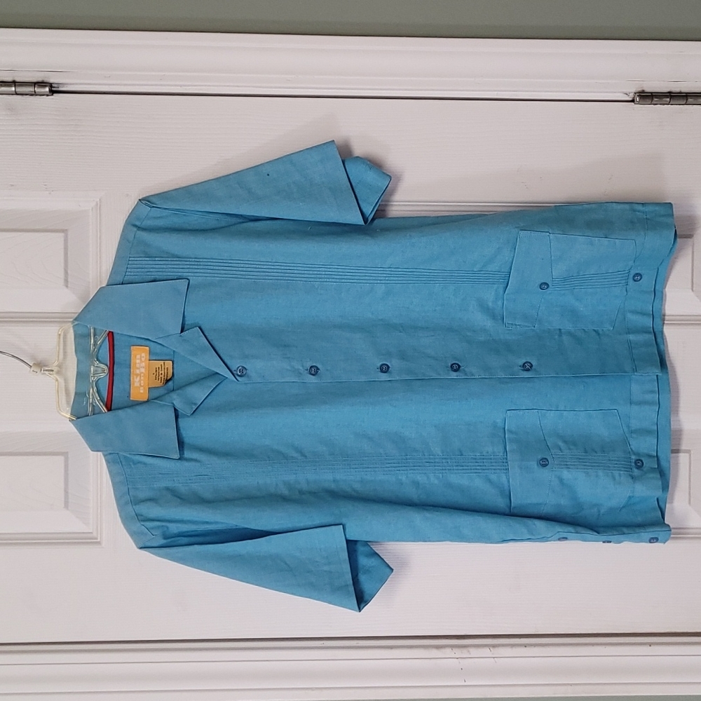 2 pocket boys Guayabera style linen blend button down Aqua various sizes